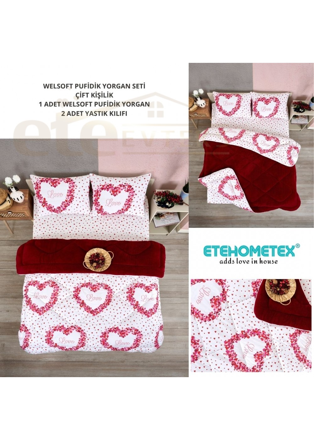 ETE HOMETEX ÇİFT KİŞİLİK LÜX WELSOFT YORGAN 195X215CM LOVE BORDO 8696474231946 ETE HOMETEX ÇİFT KİŞİLİK LÜX WELSOFT YORGAN 195X215CM LOVE BORDO 8696474231946